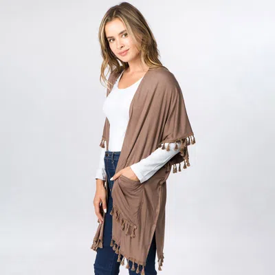 Truedames Lightweight Tassel Trim Open Front Kimono Cardigan In Brown