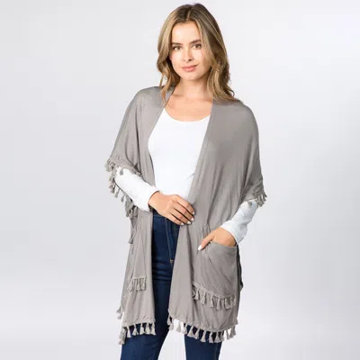 Truedames Lightweight Tassel Trim Open Front Kimono Cardigan In Gray