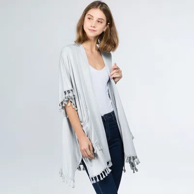 Truedames Lightweight Tassel Trim Open Front Kimono Cardigan In Gray