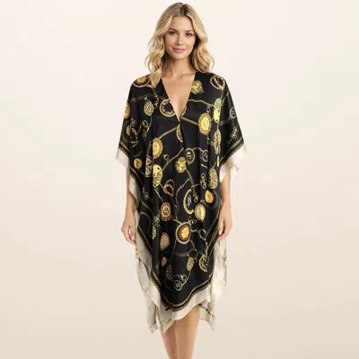 Truedames Lightweight Vintage Print Satin Feel Kimono Style Long Cover Up Poncho In Black