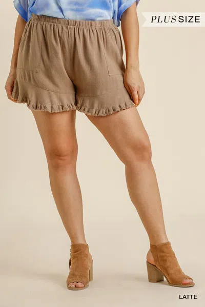 Truedames Linen Blend Elastic Waist Ruffle Hem Shorts With Pockets In Brown
