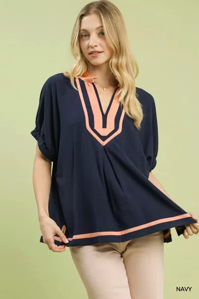 Truedames Linen Contrast Trim V-neck Blouse In Blue