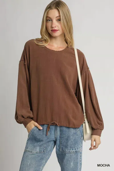 Truedames Linen Long Sleeve Top With Drawstring In Brown