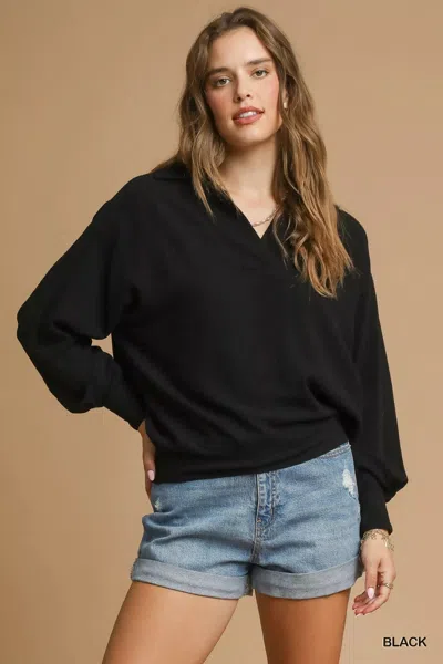 Truedames Linen Long Sleeves Elastic Hem Blouse In Black