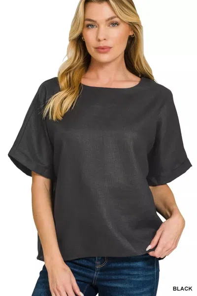 Truedames Linen Round Neck Cuffed Sleeve Top In Black