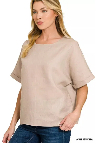 Truedames Linen Round Neck Cuffed Sleeve Top In Pink