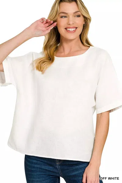 Truedames Linen Round Neck Cuffed Sleeve Top In White