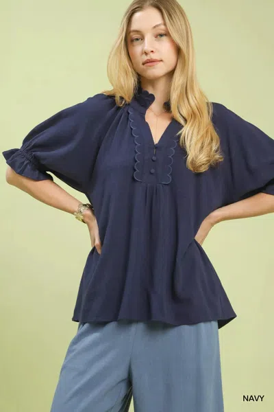 Truedames Linen Scalloped Ruffle Neck Blouse In Blue