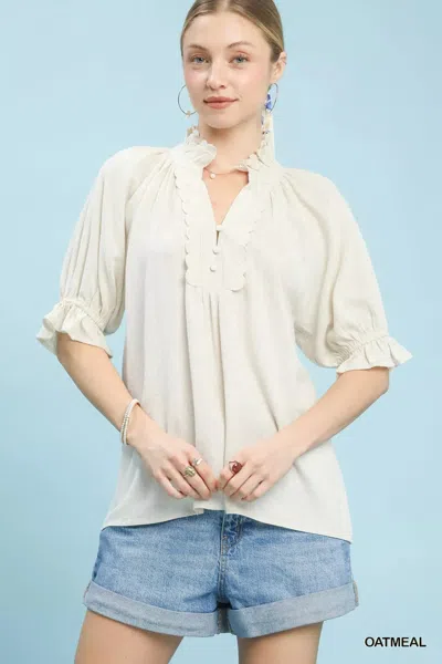 Truedames Linen Scalloped Ruffle Neck Blouse In White