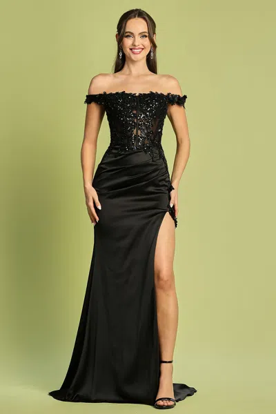 Truedames Long 3d Floral Appliqué Off Shoulder Prom Dress In Black