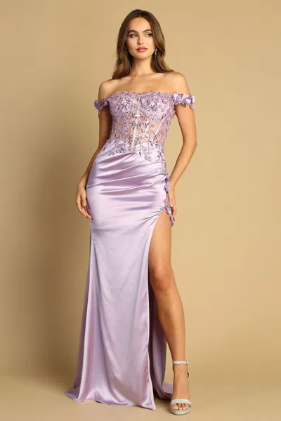 Truedames Long 3d Floral Appliqué Off Shoulder Prom Dress In Purple