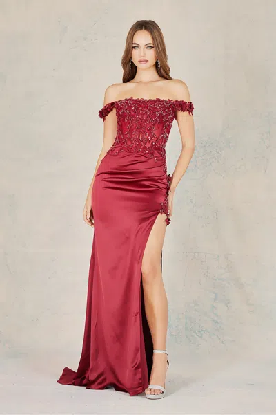 Truedames Long 3d Floral Appliqué Off Shoulder Prom Dress In Red