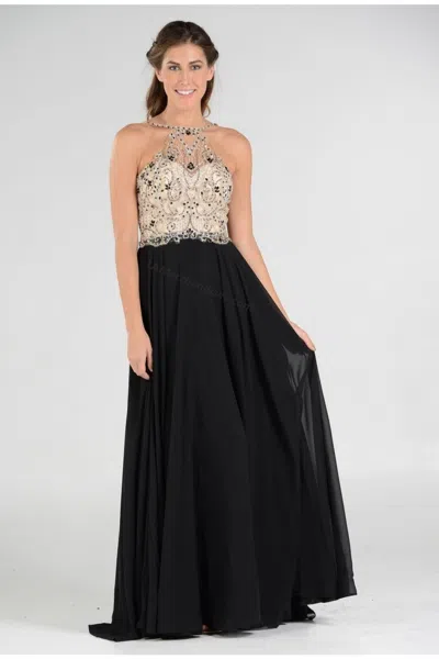 Truedames Long Detailed Halter Chiffon Formal Prom Dress In Black