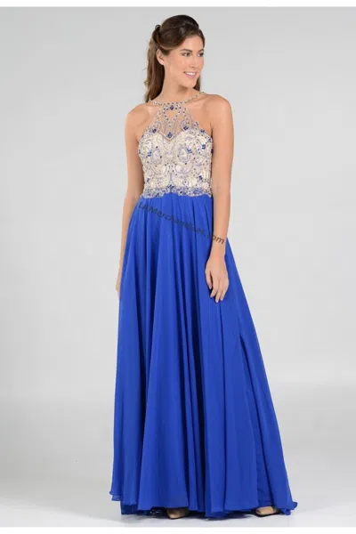 Truedames Long Detailed Halter Chiffon Formal Prom Dress In Blue