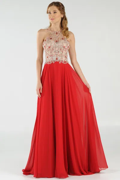 Truedames Long Detailed Halter Chiffon Formal Prom Dress In Red