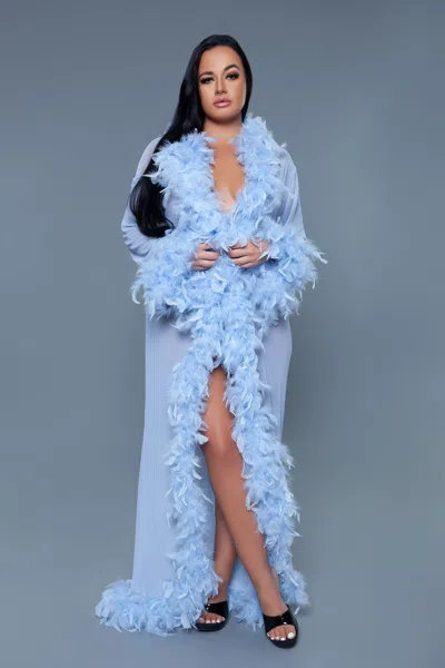 Truedames Long Glamour Chiffon Robe With Feather Boa Trim In Blue