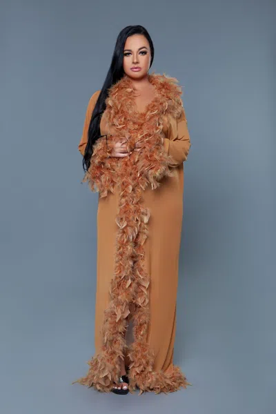 Truedames Long Glamour Chiffon Robe With Feather Boa Trim In Orange
