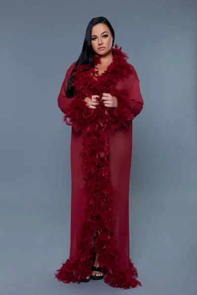 Truedames Long Glamour Chiffon Robe With Feather Boa Trim In Red
