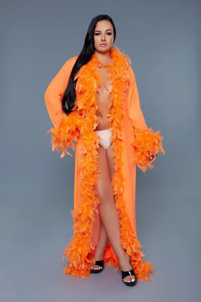 Truedames Long Glamour Chiffon Robe With Feather Boa Trim In Orange