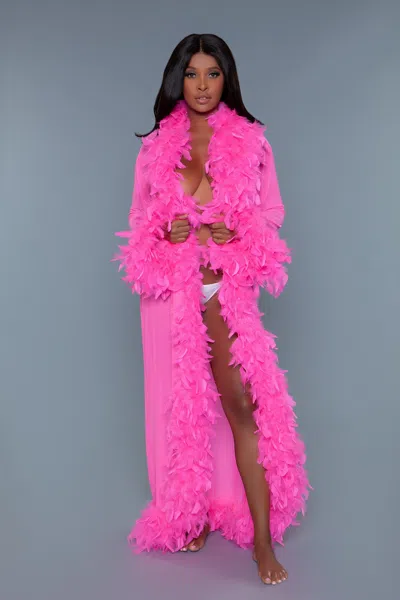 Truedames Long Glamour Chiffon Robe With Feather Boa Trim In Pink
