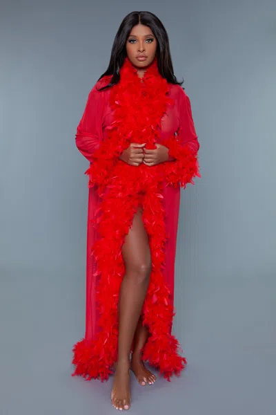 Truedames Long Glamour Chiffon Robe With Feather Boa Trim In Red