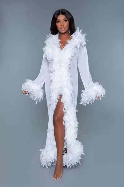 Truedames Long Glamour Chiffon Robe With Feather Boa Trim In White