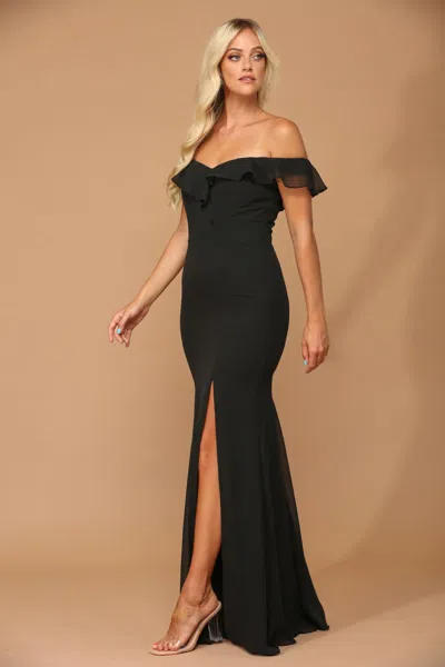 Truedames Long Off-shoulder Chiffon Dress In Black