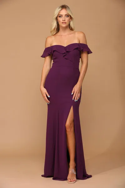 Truedames Long Off-shoulder Chiffon Dress In Purple