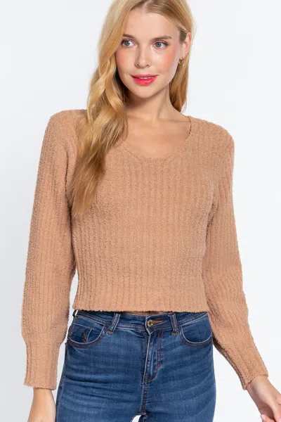 Truedames Long Puff Slv V-neck Rib Sweater In Brown