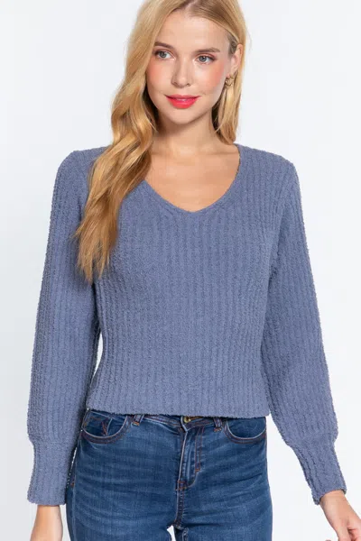 Truedames Long Puff Slv V-neck Rib Sweater In Blue
