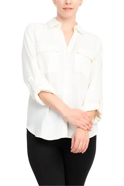 Truedames Long Roll-up Sleeve Button Down Collared Crepe Blouse With Front Pockets In White