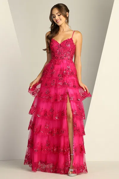 Truedames Long Sequin Lace A-line Prom Gown In Pink
