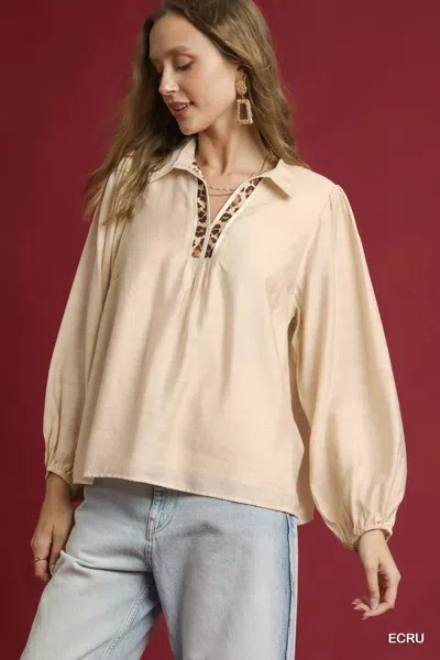 Truedames Long Sleeve Blouse With Leopard Print Trim In White