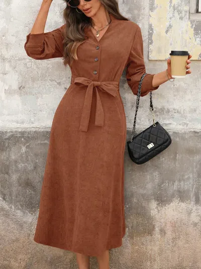 Truedames Long Sleeve Button Front Belted Midi Dress In Brown