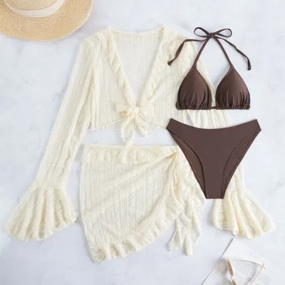 Truedames Long Sleeve Cover Up Triangle Apron Four Piece Bikini Lace Swimsuit Women's Swimwear Set In Neutral