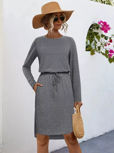 Truedames Long Sleeve Drawstring Midi Dress In Gray