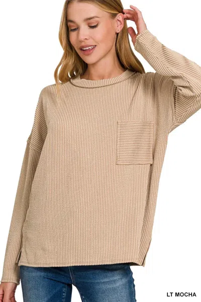 Truedames Long Sleeve Drop Shoulder Rib Top In Brown