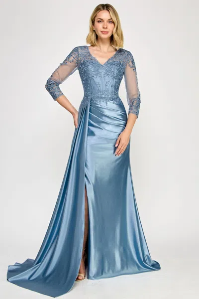 Truedames Long Sleeve Lace Bodice Mother Of The Bride Gown With Satin Skirt & Slit Dress In Blue