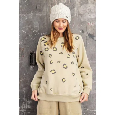 Truedames Long Sleeve Leopard Print Washed Terry Sweatshirt In Beige
