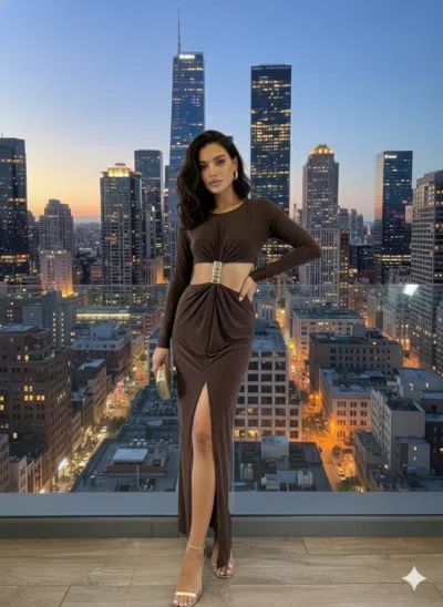 Truedames Long Sleeve Mockneck Styling Maxi Dress. In Brown
