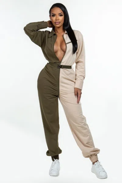 Truedames Long Sleeve Oversized Cozy Shirt Jumpsuit In Green