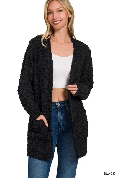Truedames Long Sleeve Popcorn Sweater Cardigan With Pockets In Black