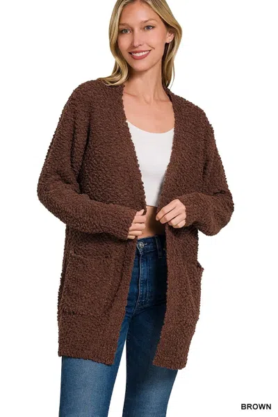 Truedames Long Sleeve Popcorn Sweater Cardigan With Pockets In Brown