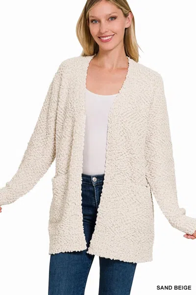 Truedames Long Sleeve Popcorn Sweater Cardigan With Pockets In Neutral