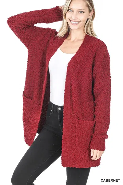 Truedames Long Sleeve Popcorn Sweater Cardigan With Pockets In Red