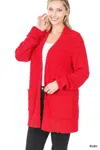 Truedames Long Sleeve Popcorn Sweater Cardigan With Pockets In Red