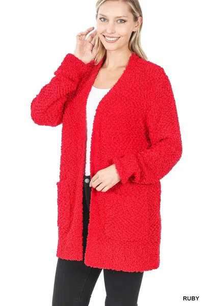 Truedames Long Sleeve Popcorn Sweater Cardigan With Pockets In Red