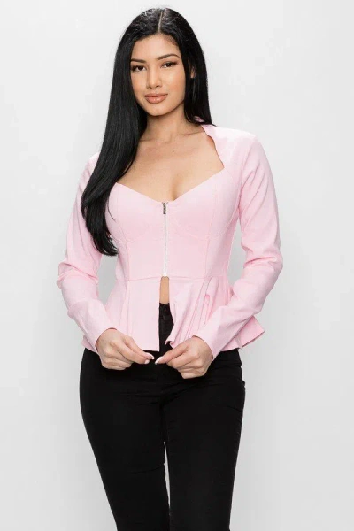 Truedames Long Sleeve Ruffle Zip-up Jacket In Pink