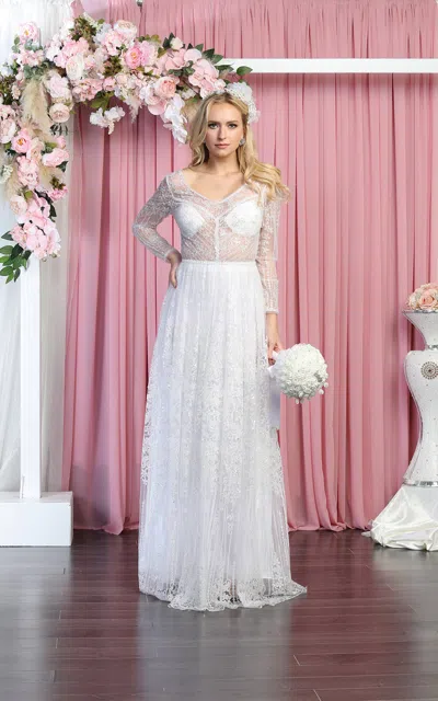 Truedames Long Sleeve Sheer Lace Bridal Gown In White