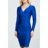 Truedames Long Sleeve Shiny Tricot Overlap Midi Dress In Blue
